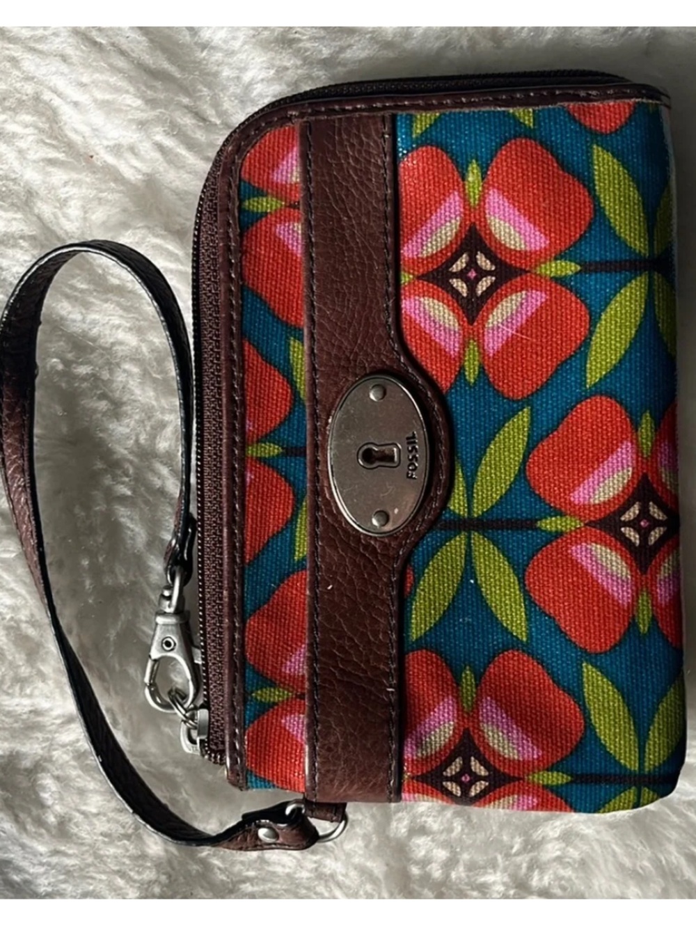 Fossil key-per Women's Floral coated canvas Wristlet - Teal, Red & Pink